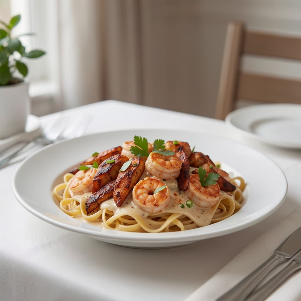 Shrimp Pasta With Jerk Chicken